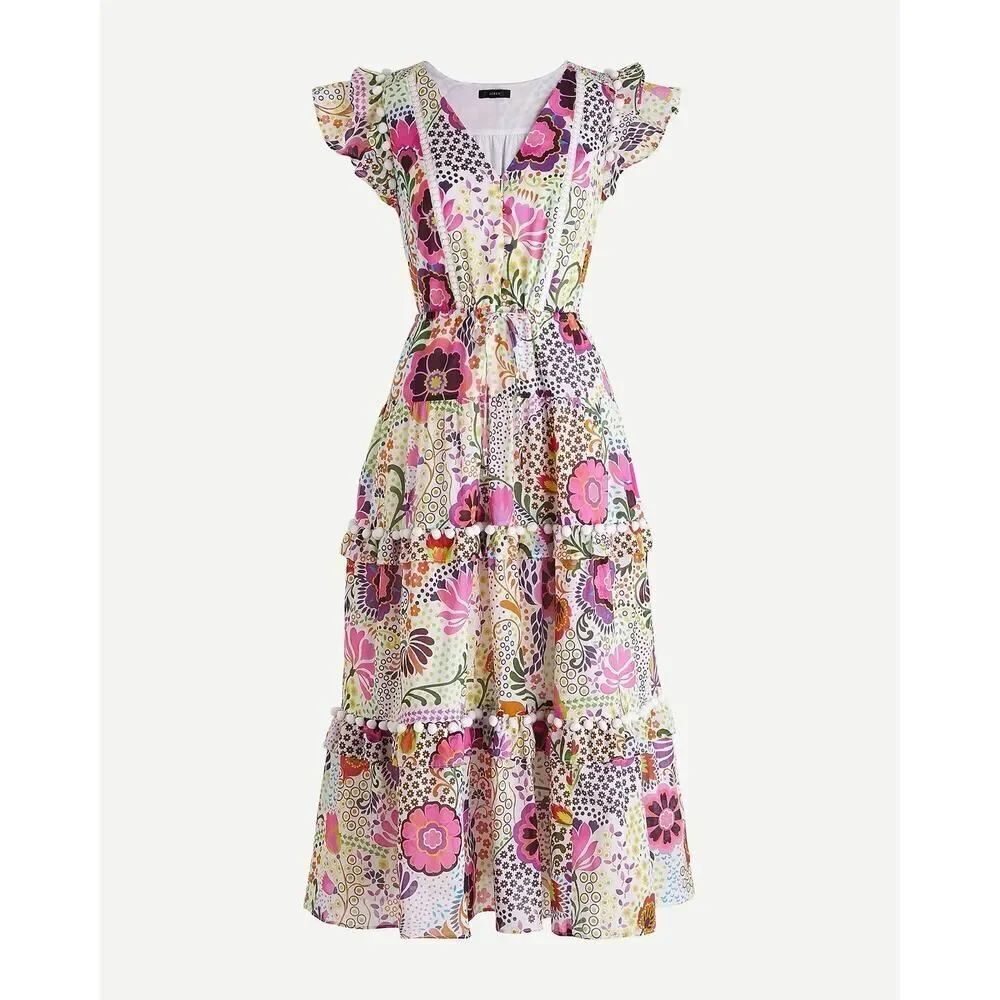 NWT J.Crew Ratti Pom-Pom Retro Floral Tiered Maxi Dress Cotton XS Multicolor